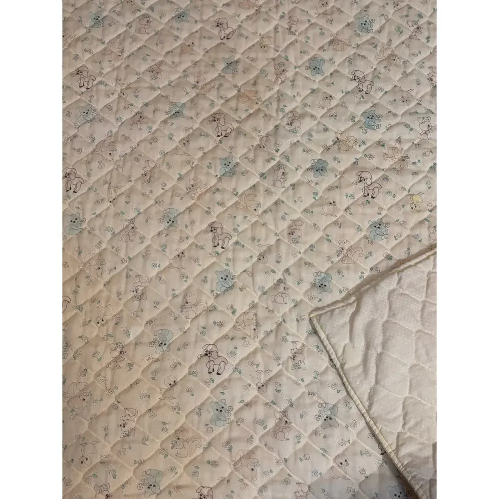 Vintage Handmade Quilted Baby Blanket Pastel Yellow Teddy Bear Poodle Flowers